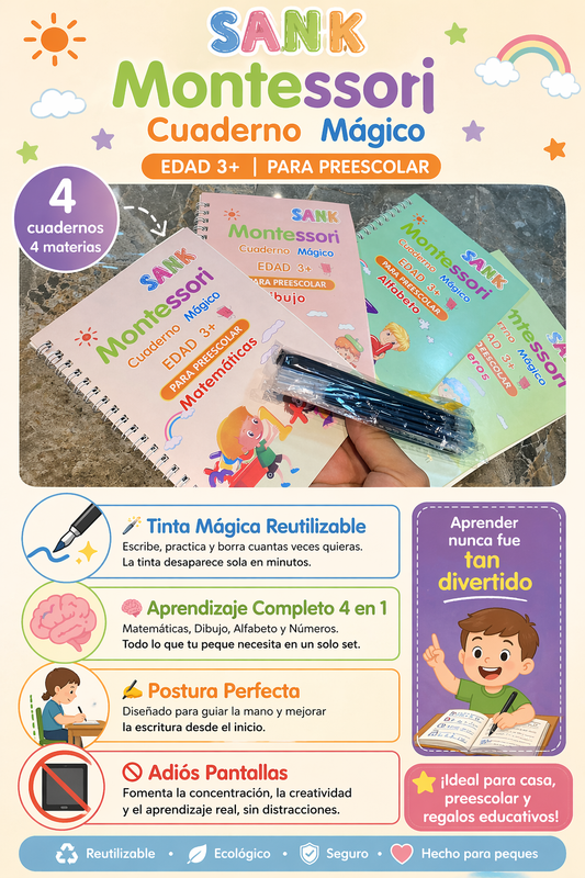 Kit Caligrafía Mágica Montessori: 4 Libros Reutilizables | ¡Escribe y Borra solo!