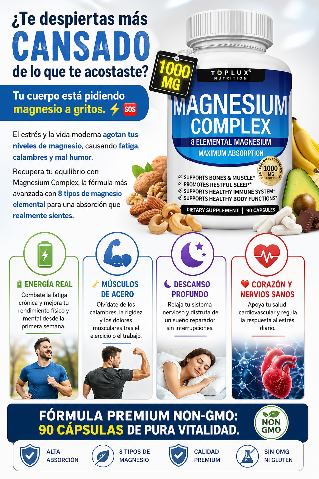Magnesium Complex 8-en-1 | Energía Máxima y Adiós Calambres (90 Cápsulas)